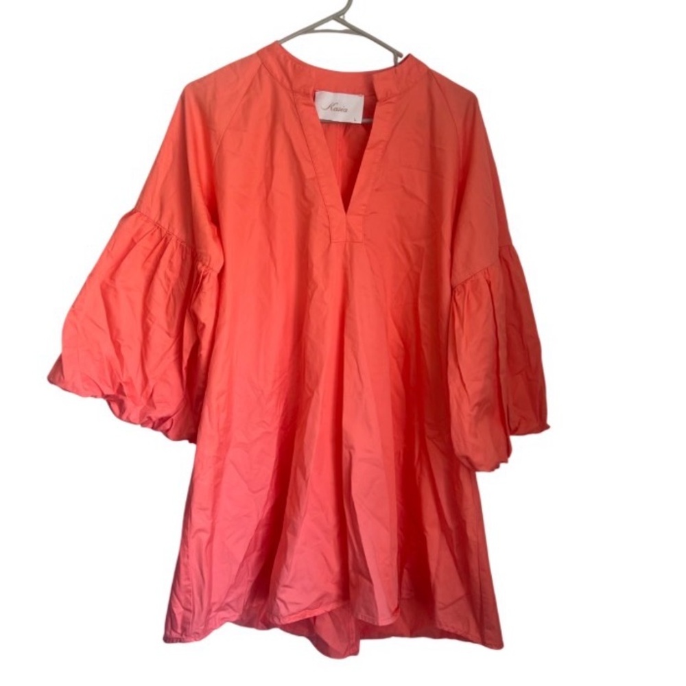 Kasia Coral Relaxed Puff Sleeve Split Neck Mini Dress Women's Large